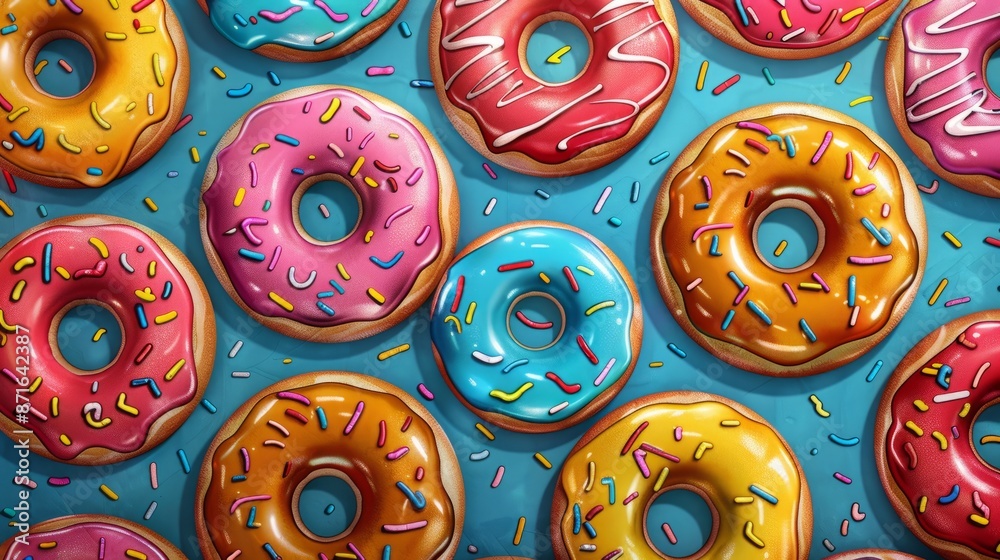 Whimsical donut pattern on blue background Whimsical donut pattern on blue background