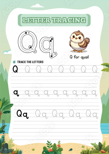 Animal letter tracing worksheet for kids Qq