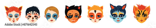 Face painting icons. Kids faces with animals and heroes painting. Vector illustration. Halloween children face paintings banner