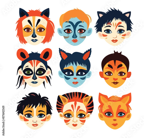 Face painting icons. Kids faces with animals and heroes painting. Vector illustration. Halloween paintings