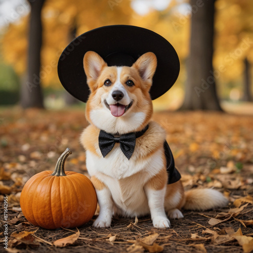 Cute corgi dog in fancy black hat sitting in autumn