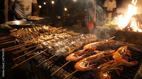 Grilled fish and shrimp on open-air grills at Forodhani Gardens, Stone Town, a popular evening destination photo