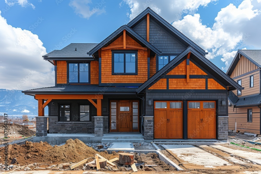 A newly built modern house showcasing rustic wooden features, providing a perfect blend of traditional charm and contemporary architecture under a partly cloudy sky. A newly built modern house showcasing rustic wooden features, providing a perfect blend of traditional charm and contemporary architecture under a partly cloudy sky.