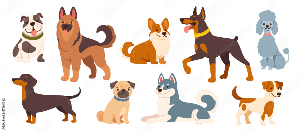 Cute dogs and puppies. Cartoon different breeds pet. Funny doggy characters. Happy friendly canine animals. Pug, corgi, poodle, husky and poodle. Vector set Cute dogs and puppies. Cartoon different breeds pet. Funny doggy characters. Happy friendly canine animals. Pug, corgi, poodle, husky and poodle. Vector set