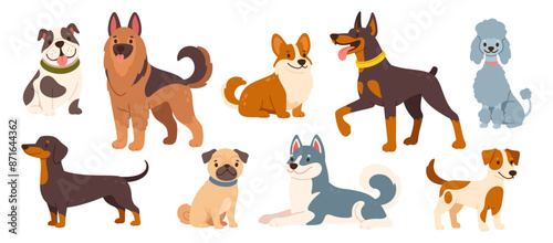 Cute dogs and puppies. Cartoon different breeds pet. Funny doggy characters. Happy friendly canine animals. Pug, corgi, poodle, husky and poodle. Vector set