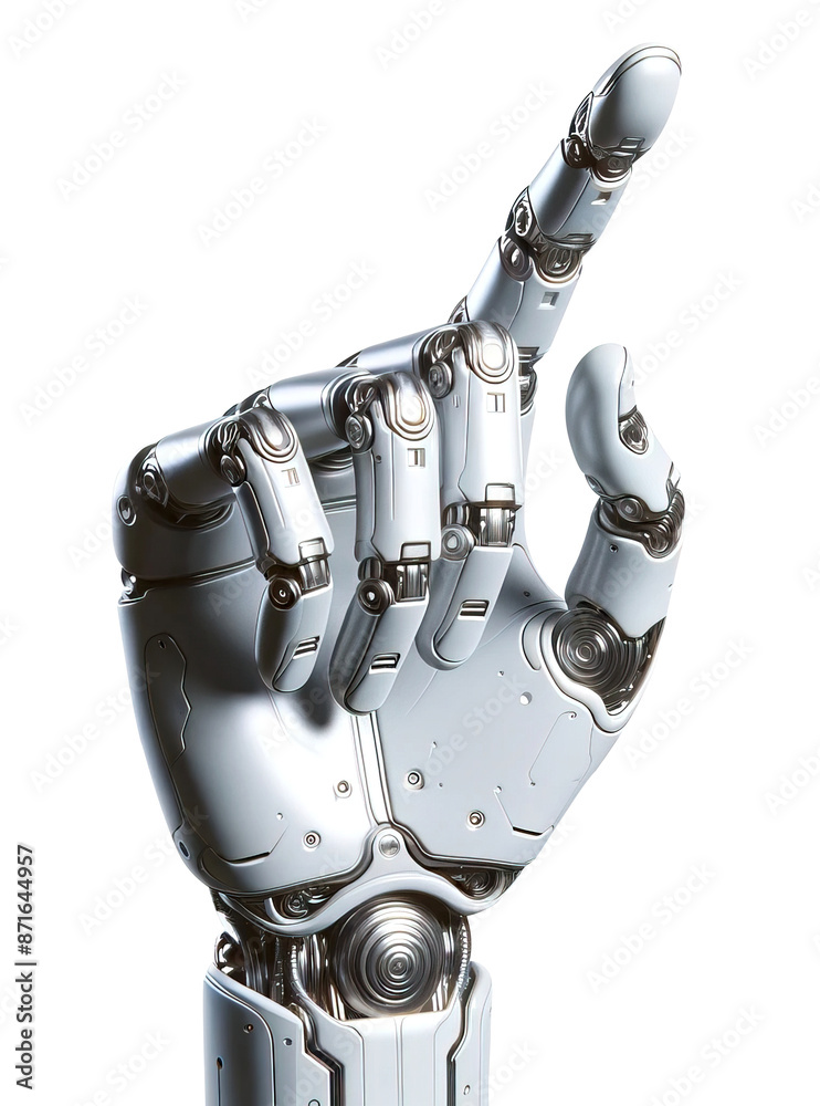 A hand of a technological robot trying to touch something with an index finger on a transparent background