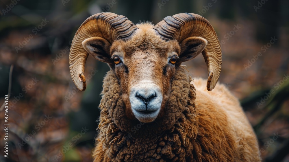 Brown ram with large horns Brown ram with large horns