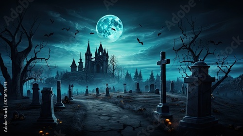 Graveyard cemetery to castle In Spooky scary dark Night full moon