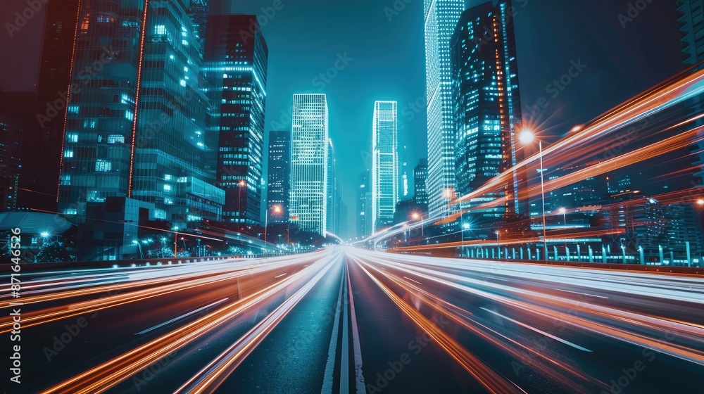 Fototapeta premium High-speed drive through an empty city street lined with tall, illuminated skyscrapers