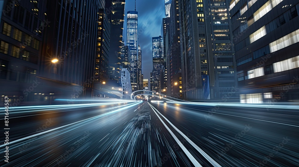 Obraz premium High-speed drive through an empty city street lined with tall, illuminated skyscrapers