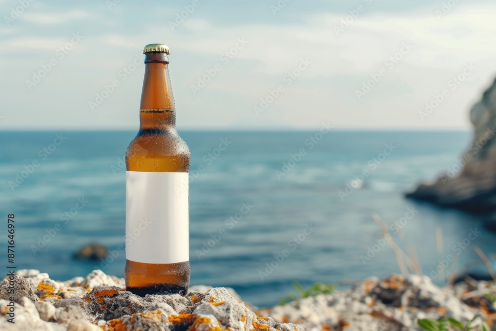 Serene Beachside With Single Beer Bottle on Rocky Shore Serene Beachside With Single Beer Bottle on Rocky Shore