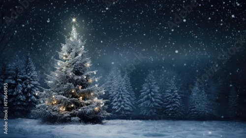 Snow covered christmas tree in winter forest with copy space at night