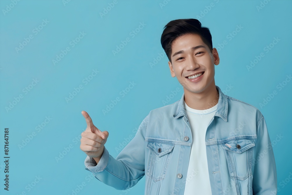Handsome Young Asian Man Smiling with Finger Pointing on Light Blue Background with Copy Space Handsome Young Asian Man Smiling with Finger Pointing on Light Blue Background with Copy Space