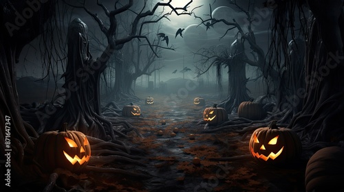 spooky halloween forest with scary black trees and pumpkins on the ground