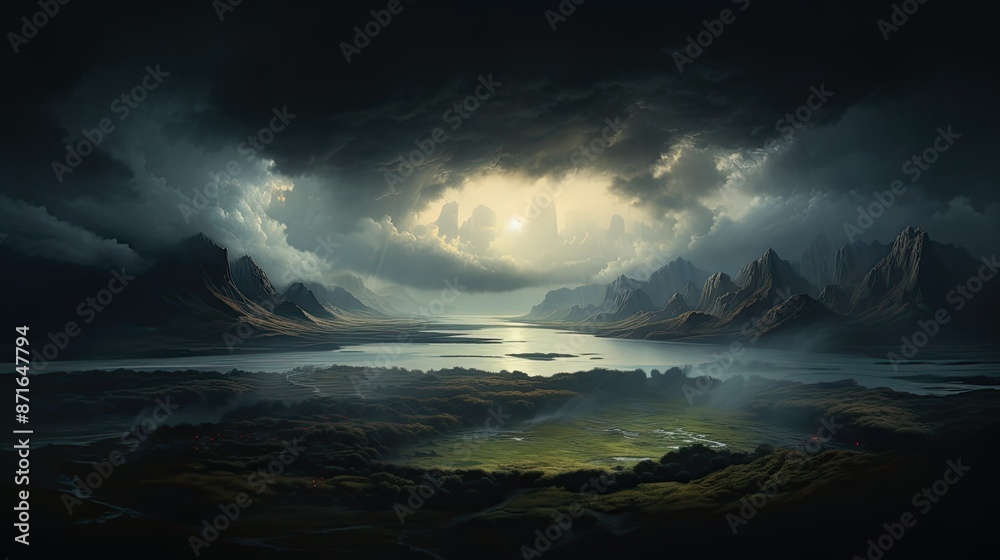 Naklejka premium The break of day casts a soft light over a fantastical landscape