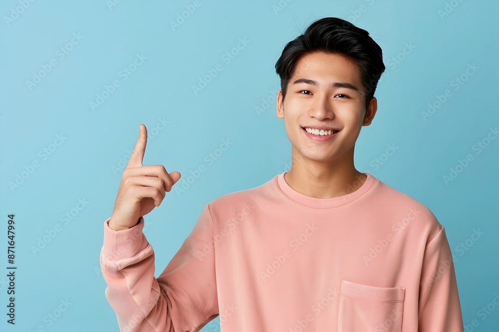 Confident Asian Man Smiling and Pointing Gesture on Light Blue Background Confident Asian Man Smiling and Pointing Gesture on Light Blue Background