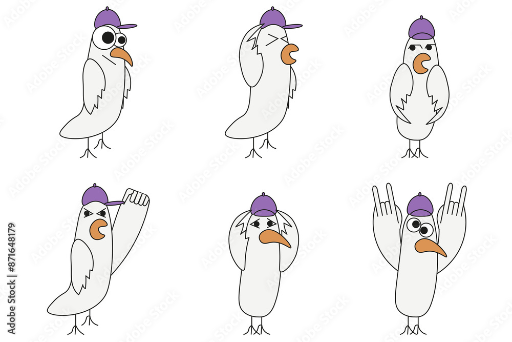 Set of emoticon seagull isolated white. Collection Hippie flat bird in cap. Weird Trippy dove. Minimalism simple vector for cloth decor, t-shirt print and postcard cover template. Editable stroke Set of emoticon seagull isolated white. Collection Hippie flat bird in cap. Weird Trippy dove. Minimalism simple vector for cloth decor, t-shirt print and postcard cover template. Editable stroke