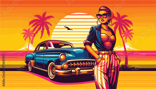 Stylish Lady and Vintage Car on Tropical Sunset Background, Girl and Retro Vehicle, Illustrations for  t-shirt, card, poster, banner, flyer, ad, brochure or background. Fashion illustration art