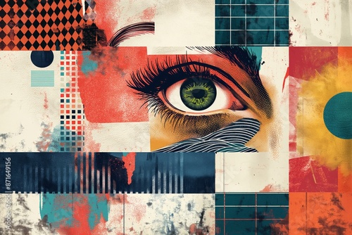 Eye centric abstract art collage with vivid geometric patterns and colors photo