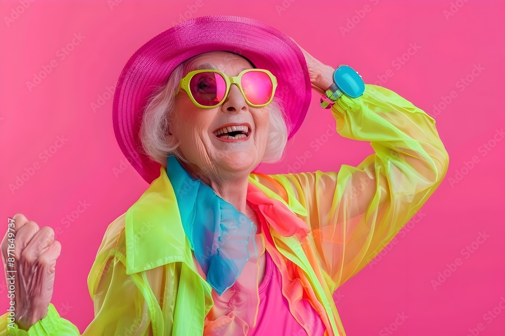 Vibrant and Carefree Retired Senior Woman in Neon Bright Clothes on Pink Background Vibrant and Carefree Retired Senior Woman in Neon Bright Clothes on Pink Background