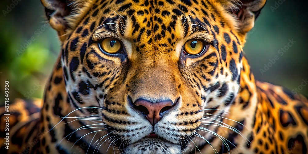 Fototapeta premium A regal jaguar's striking close-up portrait showcases its majestic features, intense amber eyes, and soft fur, exuding power and elegance in the wild.