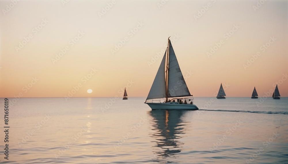 Fototapeta premium sailboat cruises at sunset in calm ocean water, copy space for text 
