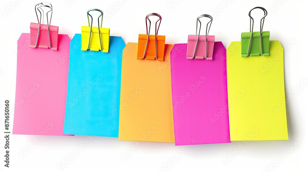 Set of colorful memo papers with paperclip, isolated on white