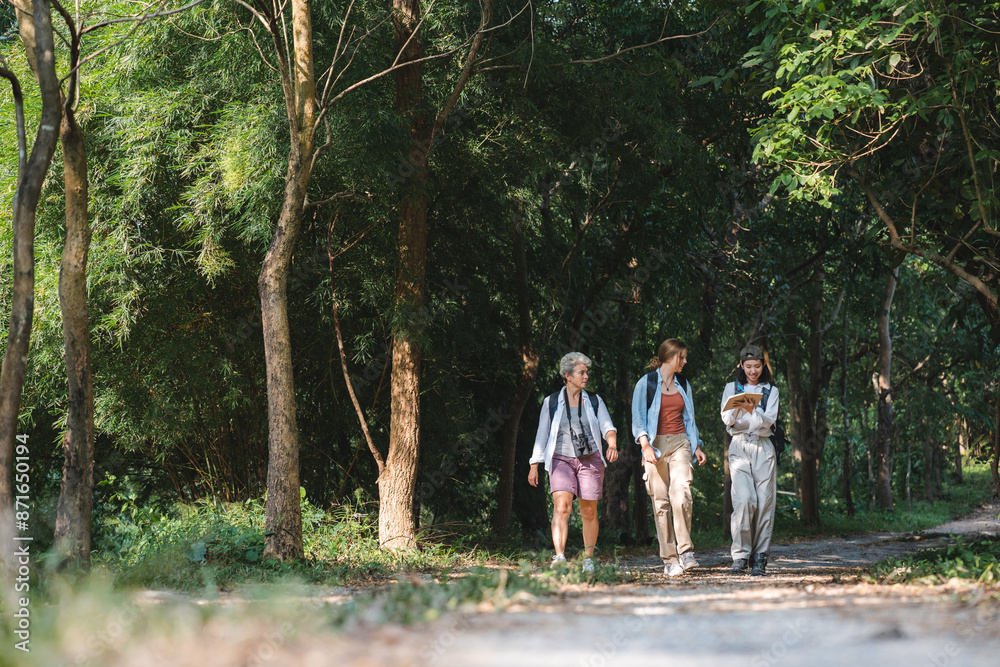 Embrace Adventure in Nature: Young Women Enjoying Summer Vacation with Hiking Backpacks, Journey of Freedom and Leisure in Wild Forests, Outdoor Trekking and Travel for Ultimate Landscape Exploration Embrace Adventure in Nature: Young Women Enjoying Summer Vacation with Hiking Backpacks, Journey of Freedom and Leisure in Wild Forests, Outdoor Trekking and Travel for Ultimate Landscape Exploration