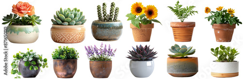   Blooming Plants in Ceramic, Terracotta, and Glass Pots cut out dicut PNG on transparent in Light Studio photo