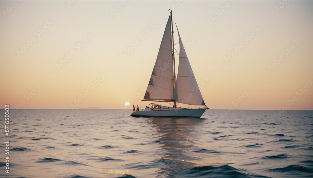 Fototapeta premium sailboat cruises at sunset in calm ocean water, copy space for text