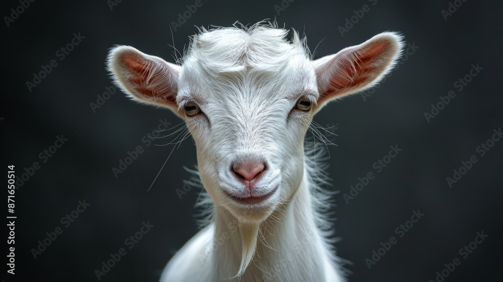 White goat portrait against a dark background White goat portrait against a dark background