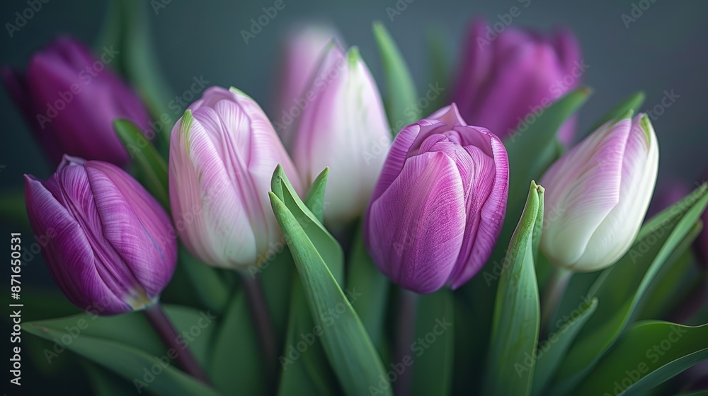 Close-up view of purple and white tulip buds Close-up view of purple and white tulip buds