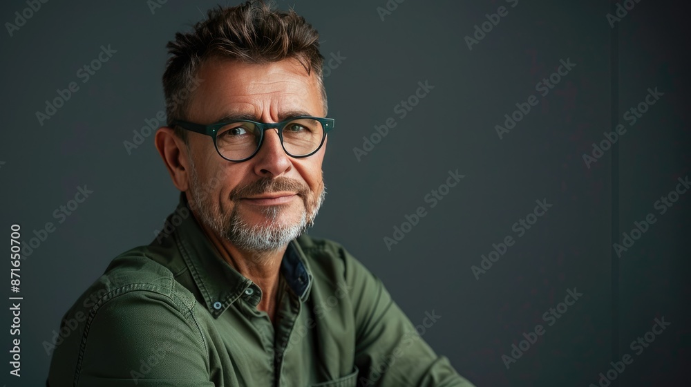 Fototapeta premium Smiling mature businessman with fashionable eyewear and green shirt, looking aside with determination