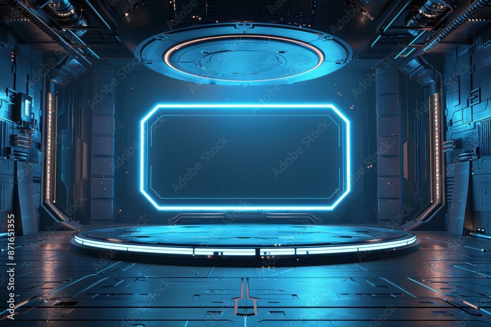 A futuristic room with neon lights and a large, empty screen A futuristic room with neon lights and a large, empty screen