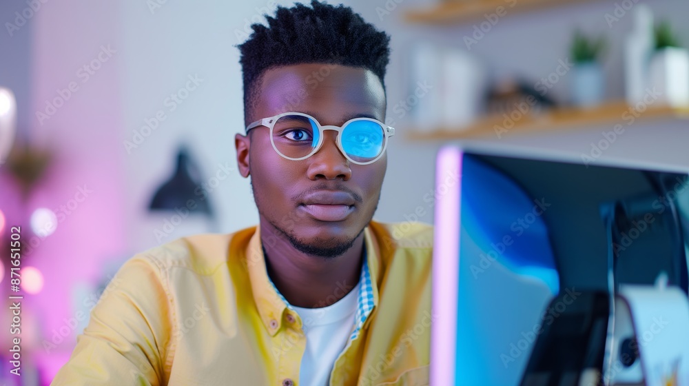 A man wearing glasses is sitting in front of a computer monitor. He is wearing a yellow shirt and he is focused on the screen A man wearing glasses is sitting in front of a computer monitor. He is wearing a yellow shirt and he is focused on the screen