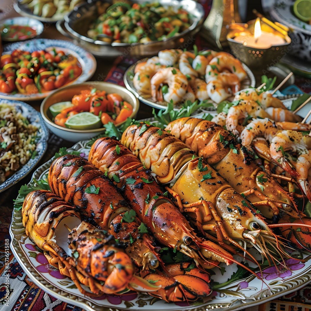 Grilled Lobster and Shrimp Platter on a Festive Table Grilled Lobster and Shrimp Platter on a Festive Table