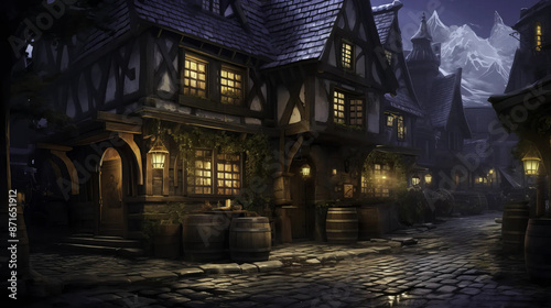 tavern, city, sumptuous, fantasy, exterior, ambiance  Fantasy wallpaper, rpg  landscape © Fox