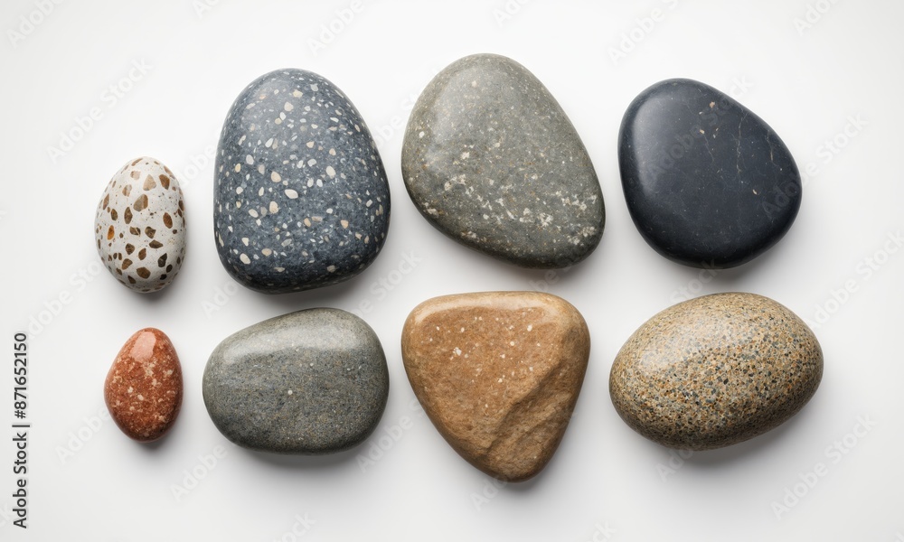 Various smooth stones, arranged on a white background Various smooth stones, arranged on a white background