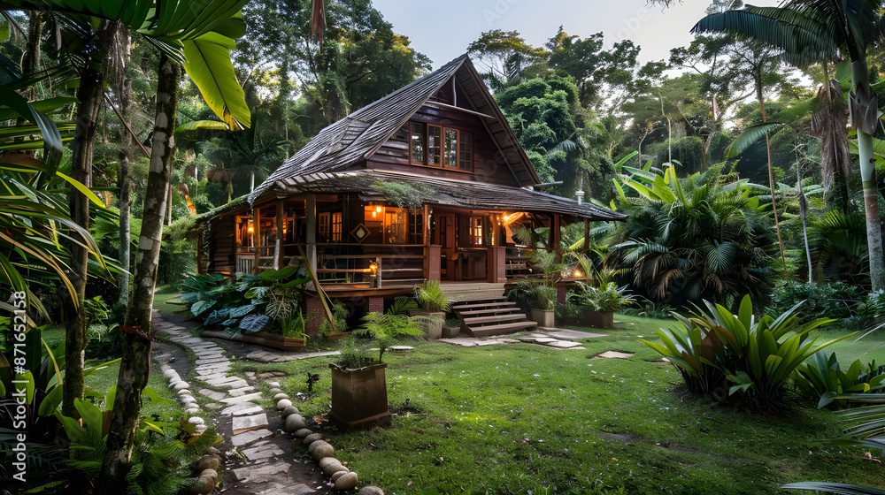 A charming rustic cabin nestled in a tropical forest surrounded by vibrant flora and fauna. A charming rustic cabin nestled in a tropical forest surrounded by vibrant flora and fauna.