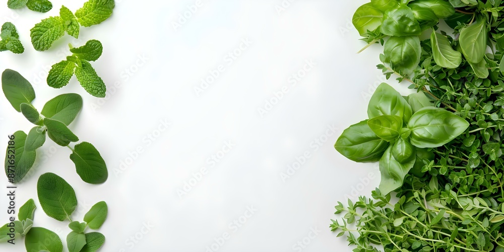 Fresh herbs from above on white background showcasing the benefits of healthy eating. Concept Healthy Eating, Fresh Herbs, White Background, Nutritious Ingredients, Food Photography Fresh herbs from above on white background showcasing the benefits of healthy eating. Concept Healthy Eating, Fresh Herbs, White Background, Nutritious Ingredients, Food Photography