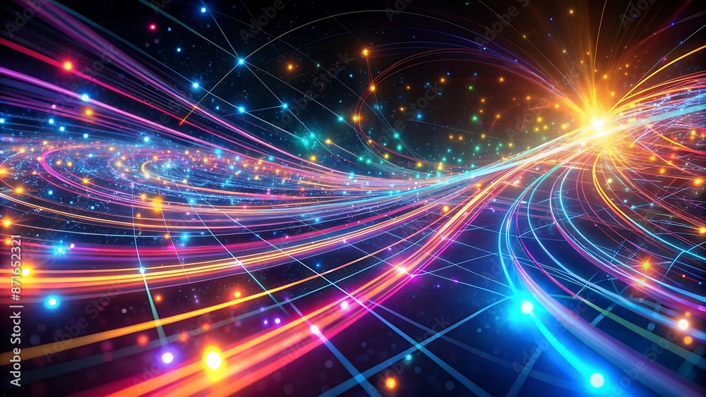 Vibrant glowing network lines curve through darkness, pulsing with rapid digital data streams, evoking a futuristic, high-tech atmosphere in this mesmerizing abstract animation background. Vibrant glowing network lines curve through darkness, pulsing with rapid digital data streams, evoking a futuristic, high-tech atmosphere in this mesmerizing abstract animation background.
