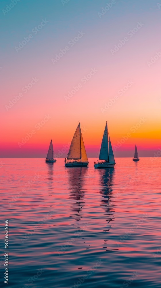 Fototapeta premium Calm sea and pink gradient sky with sailboats on the horizon. Beautiful seascape with sailboats during sunrise or sunset.
