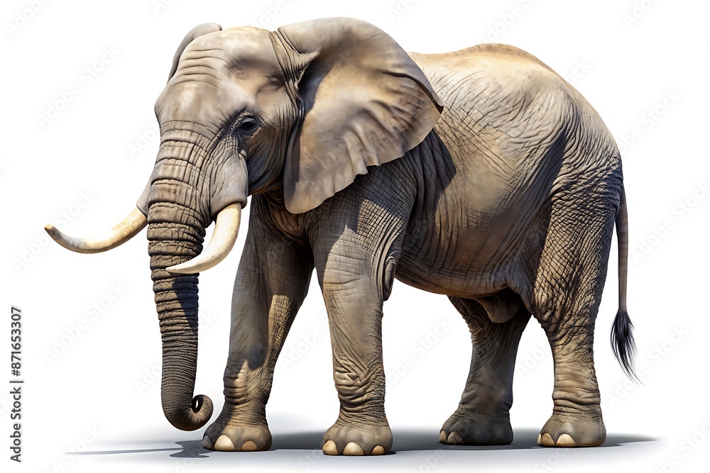 Obraz premium A highly detailed and realistic rendering of a large African elephant bull standing isolated on a pure white background, showcasing its wrinkled gray skin.