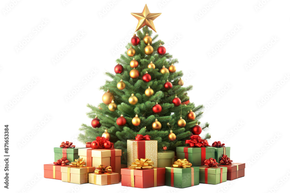 3d Christmas tree and gifts box isolated on white background. New Year. Trendy and modern vector in 3d style for web design. 3d Christmas tree and gifts box isolated on white background. New Year. Trendy and modern vector in 3d style for web design.