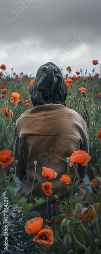 A person with substance use disorder sitting alone in a field of poppies