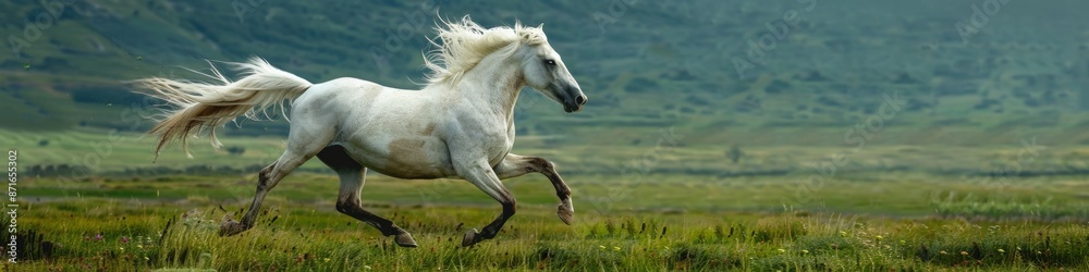 Obraz premium High-Resolution AI-Generated Wallpaper of a Majestic White Stallion Galloping Freely Across a Vast Green Pasture with Mane Flowing Like a Flag of Freedom, Capturing the Essence of Elegance and Liberty