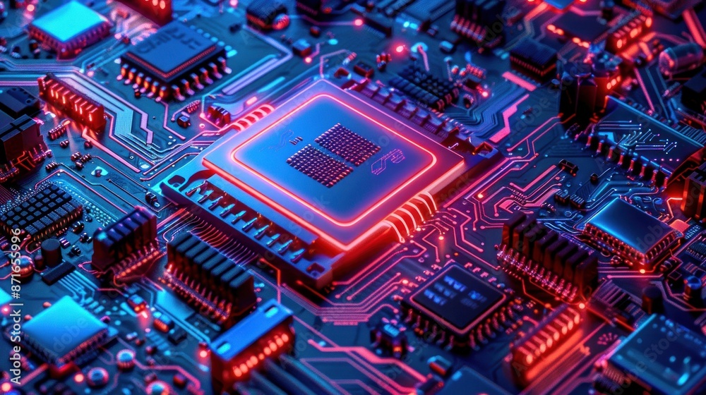 Close-Up View of a Computer Motherboard with a Glowing CPU