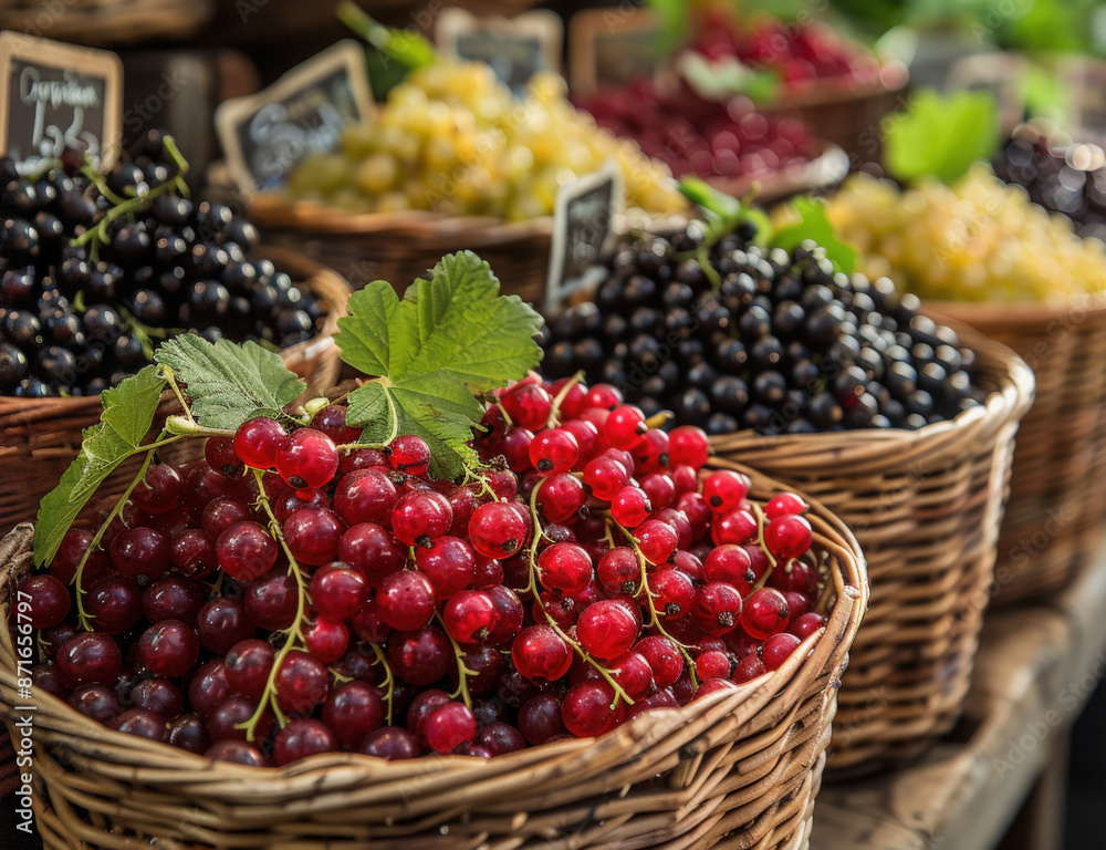 A basket overflowing with red currants sits prominently at a market stall, surrounded by other baskets of various berries A basket overflowing with red currants sits prominently at a market stall, surrounded by other baskets of various berries