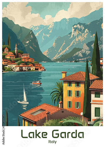 Lake Garda Italy Poster Illustration Travel Print Decor Gift Paper Canvas Wall Retro Art #871657145