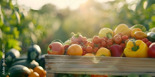 Fresh and Wholesome Organic Produce Glistening in Warm Sunlight. Concept Organic Produce, Fresh Food, Sunlight, Wholesome Ingredients, Glistening Fruits and Vegetables photo